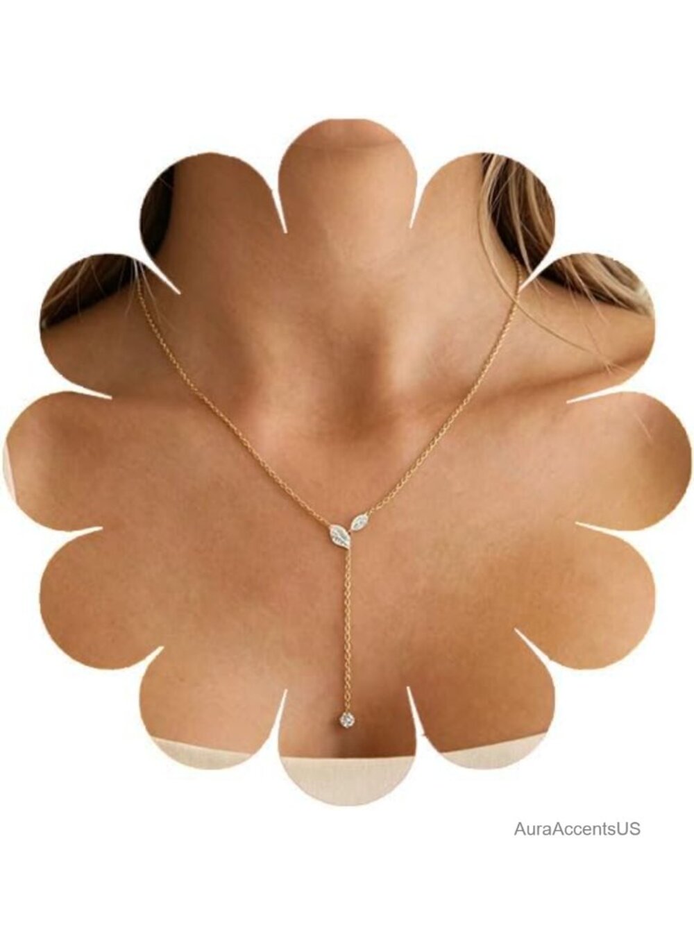 14K Gold Plated Y Lariat Necklace Crystal Pendant Double Layer Statement